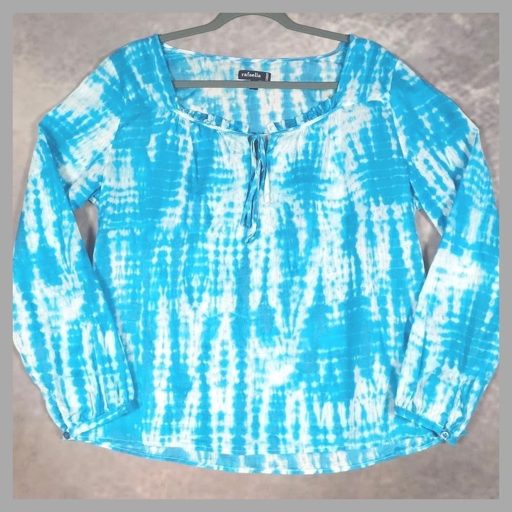 Rafaella Boho Tie Dye Peasant Blouse Size L Blue White 100% Cotton Long Sleeve